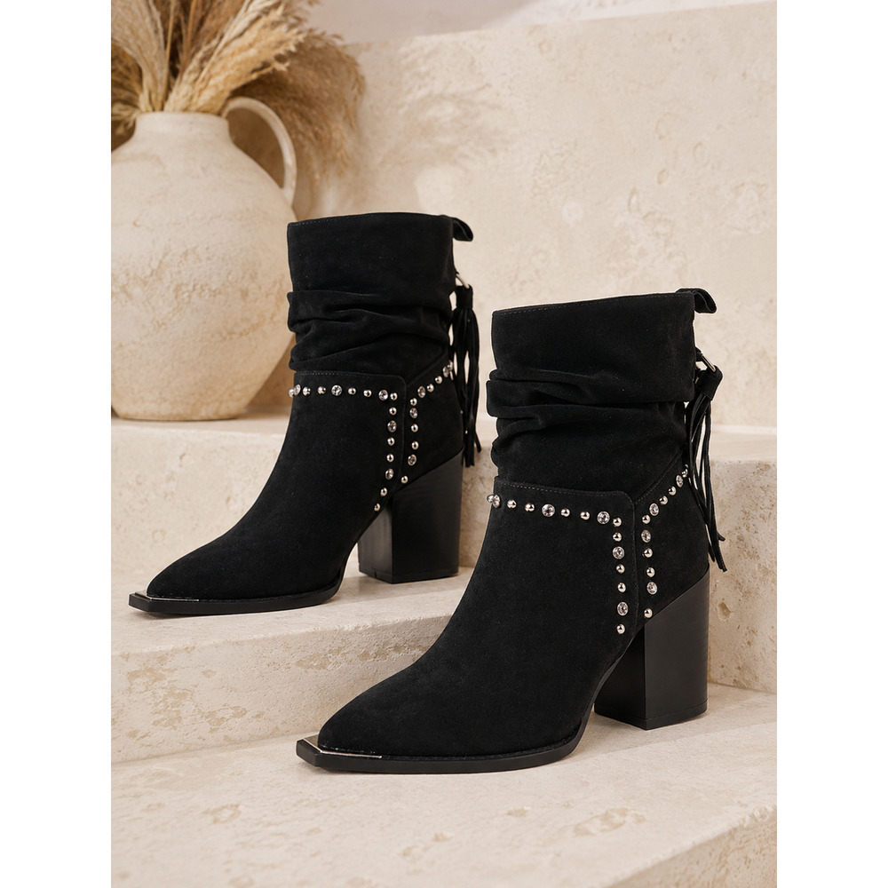 VENUS Women’s 6M Black Fringe Rhinestone Studded Pointed Toe Ankle Boots - Picture 5 of 10